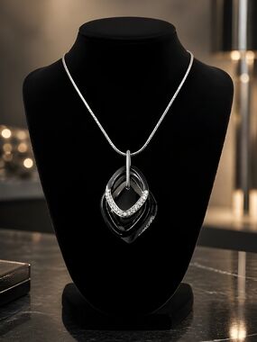 Black Crystal Accent Pendant Necklace in Silver Tone
